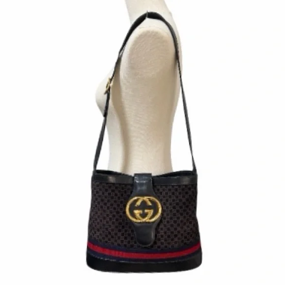 Gucci Navy Suede GG Monogram Web Stripe Shoulder Bag - Vintage - Picture 4 of 11